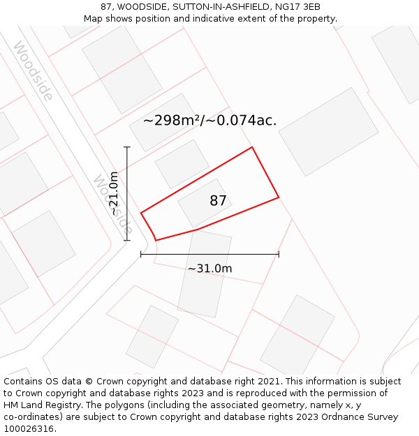 87, WOODSIDE, SUTTON-IN-ASHFIELD, NG17 3EB: Plot and title map