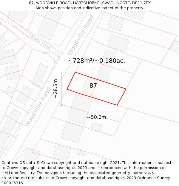 87, WOODVILLE ROAD, HARTSHORNE, SWADLINCOTE, DE11 7EX: Plot and title map