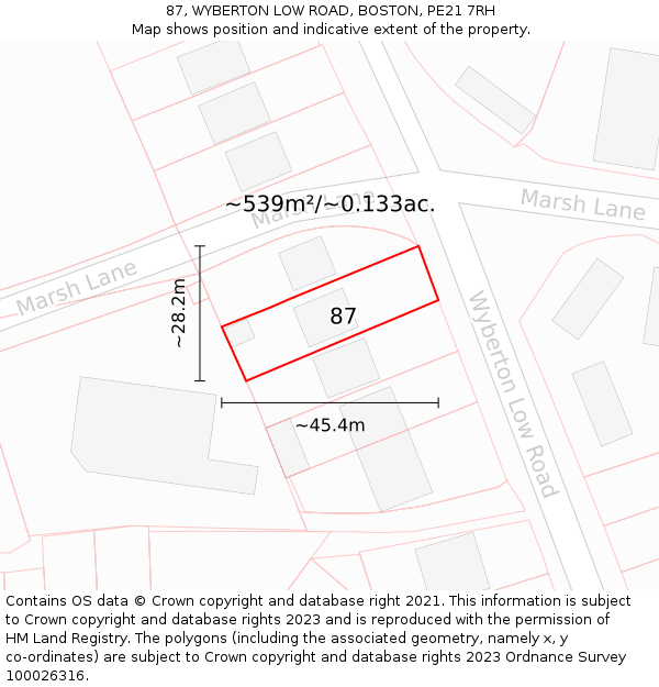 87, WYBERTON LOW ROAD, BOSTON, PE21 7RH: Plot and title map