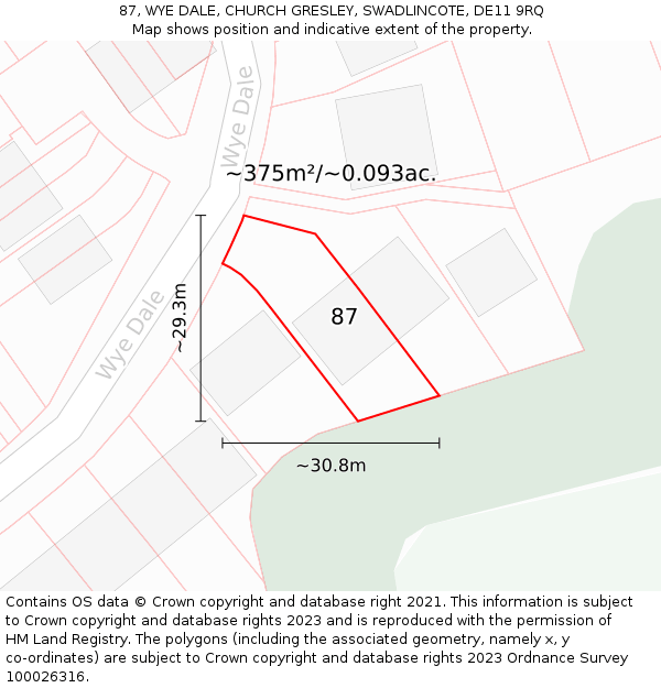 87, WYE DALE, CHURCH GRESLEY, SWADLINCOTE, DE11 9RQ: Plot and title map