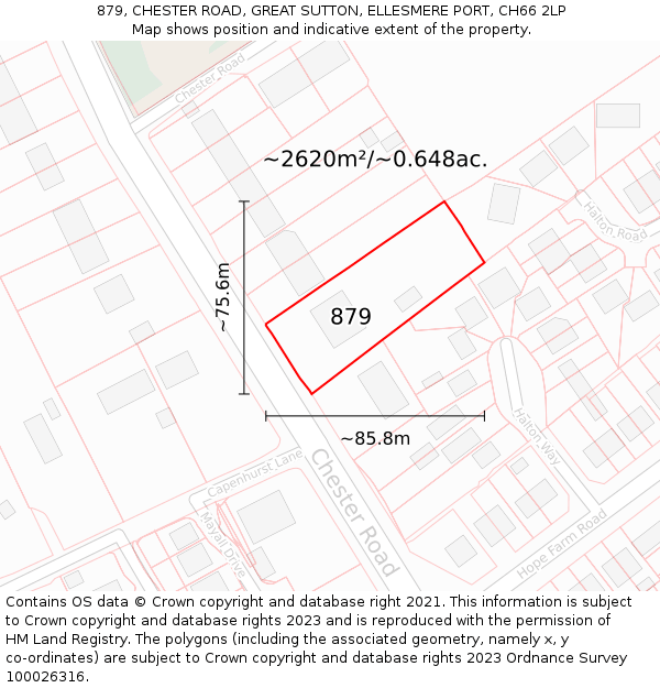 879, CHESTER ROAD, GREAT SUTTON, ELLESMERE PORT, CH66 2LP: Plot and title map