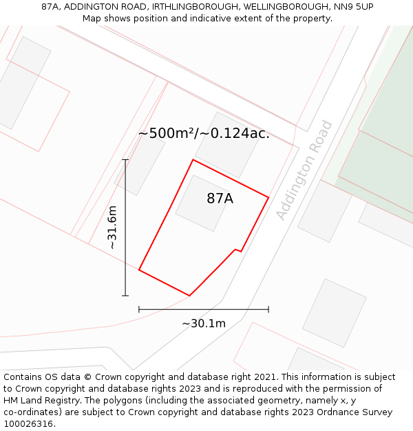 87A, ADDINGTON ROAD, IRTHLINGBOROUGH, WELLINGBOROUGH, NN9 5UP: Plot and title map