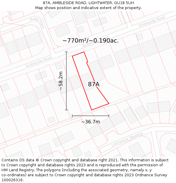 87A, AMBLESIDE ROAD, LIGHTWATER, GU18 5UH: Plot and title map