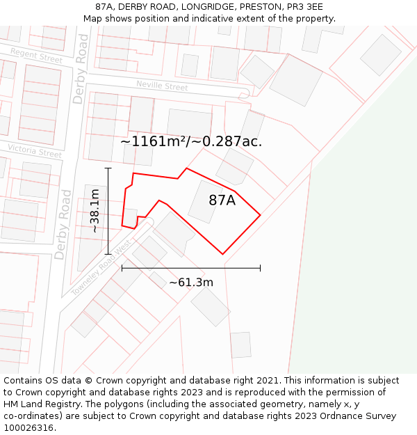 87A, DERBY ROAD, LONGRIDGE, PRESTON, PR3 3EE: Plot and title map