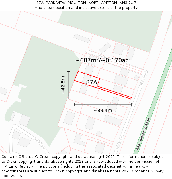 87A, PARK VIEW, MOULTON, NORTHAMPTON, NN3 7UZ: Plot and title map