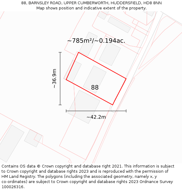 88, BARNSLEY ROAD, UPPER CUMBERWORTH, HUDDERSFIELD, HD8 8NN: Plot and title map