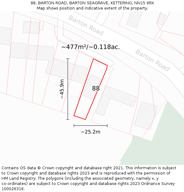 88, BARTON ROAD, BARTON SEAGRAVE, KETTERING, NN15 6RX: Plot and title map