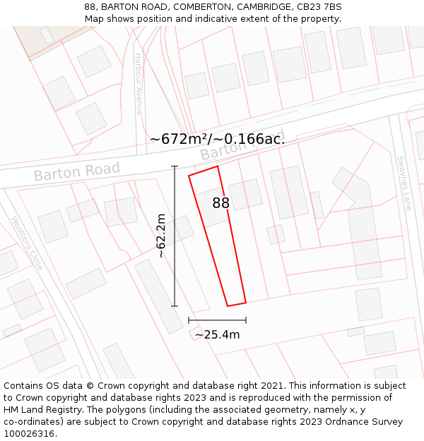 88, BARTON ROAD, COMBERTON, CAMBRIDGE, CB23 7BS: Plot and title map