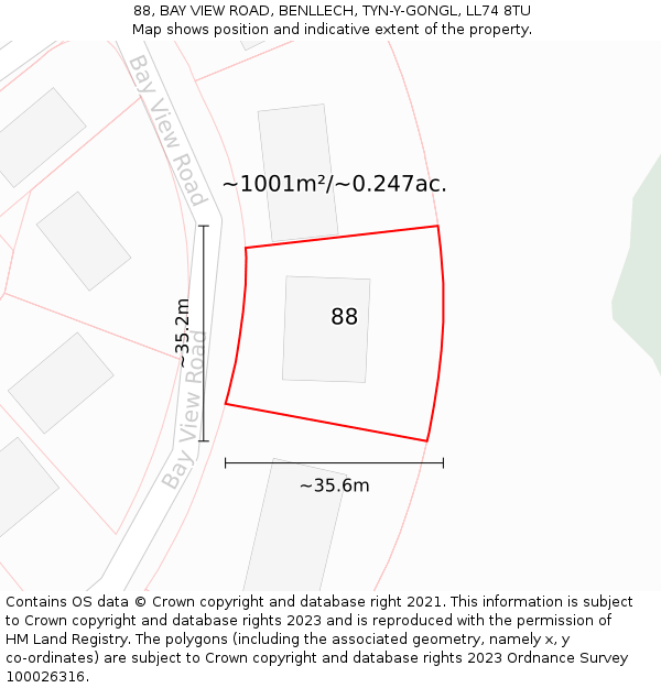 88, BAY VIEW ROAD, BENLLECH, TYN-Y-GONGL, LL74 8TU: Plot and title map