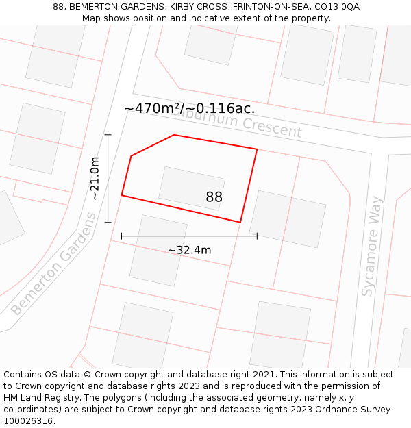 88, BEMERTON GARDENS, KIRBY CROSS, FRINTON-ON-SEA, CO13 0QA: Plot and title map