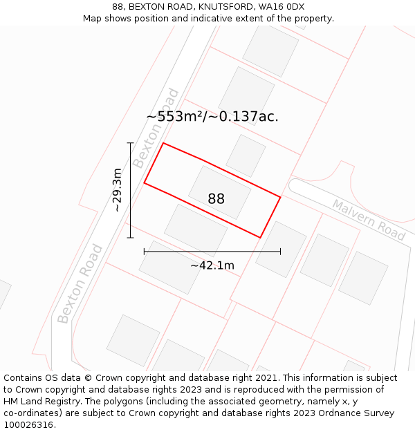 88, BEXTON ROAD, KNUTSFORD, WA16 0DX: Plot and title map