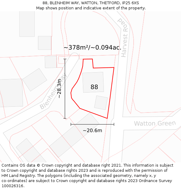 88, BLENHEIM WAY, WATTON, THETFORD, IP25 6XS: Plot and title map