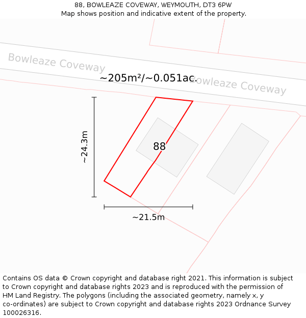 88, BOWLEAZE COVEWAY, WEYMOUTH, DT3 6PW: Plot and title map