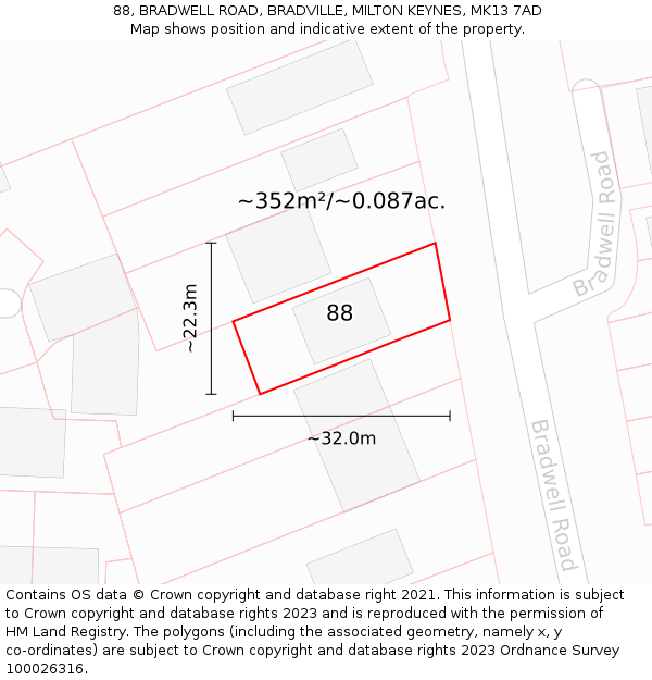 88, BRADWELL ROAD, BRADVILLE, MILTON KEYNES, MK13 7AD: Plot and title map