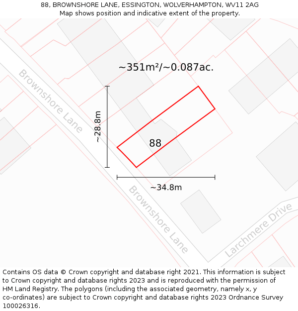 88, BROWNSHORE LANE, ESSINGTON, WOLVERHAMPTON, WV11 2AG: Plot and title map