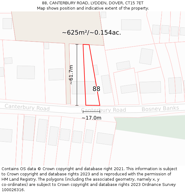 88, CANTERBURY ROAD, LYDDEN, DOVER, CT15 7ET: Plot and title map