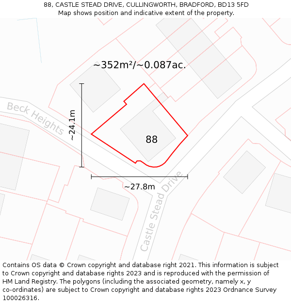 88, CASTLE STEAD DRIVE, CULLINGWORTH, BRADFORD, BD13 5FD: Plot and title map