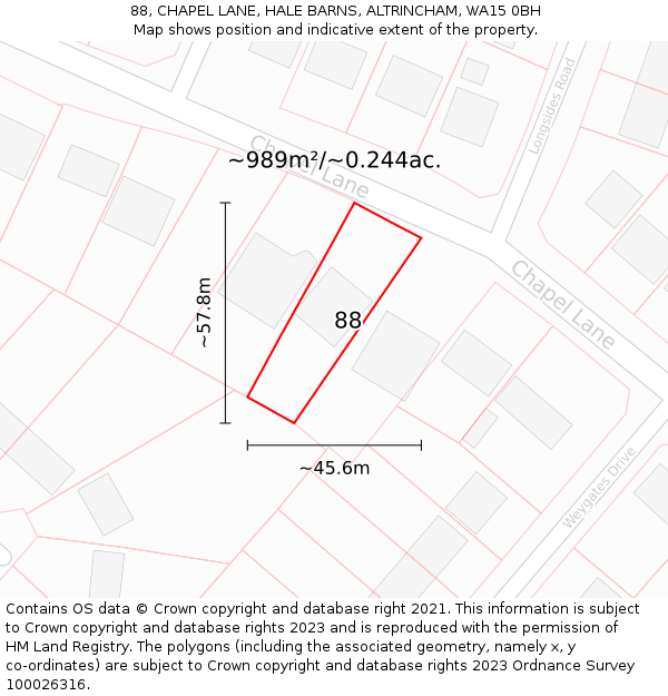 88, CHAPEL LANE, HALE BARNS, ALTRINCHAM, WA15 0BH: Plot and title map