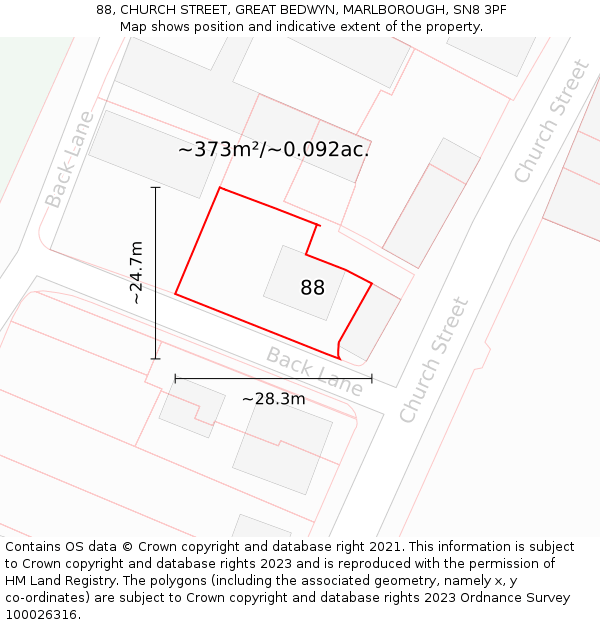 88, CHURCH STREET, GREAT BEDWYN, MARLBOROUGH, SN8 3PF: Plot and title map