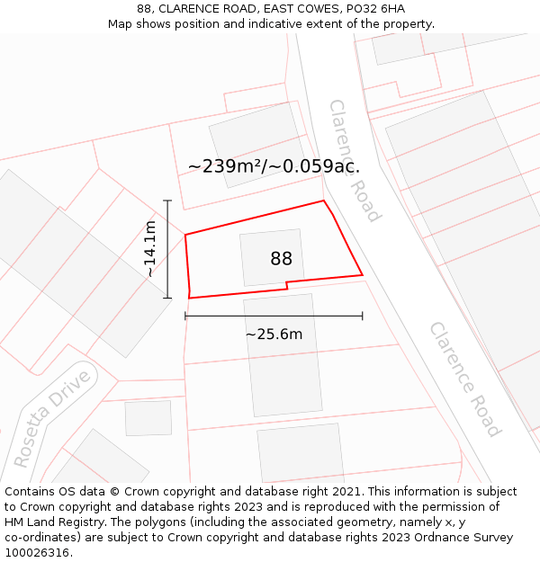 88, CLARENCE ROAD, EAST COWES, PO32 6HA: Plot and title map