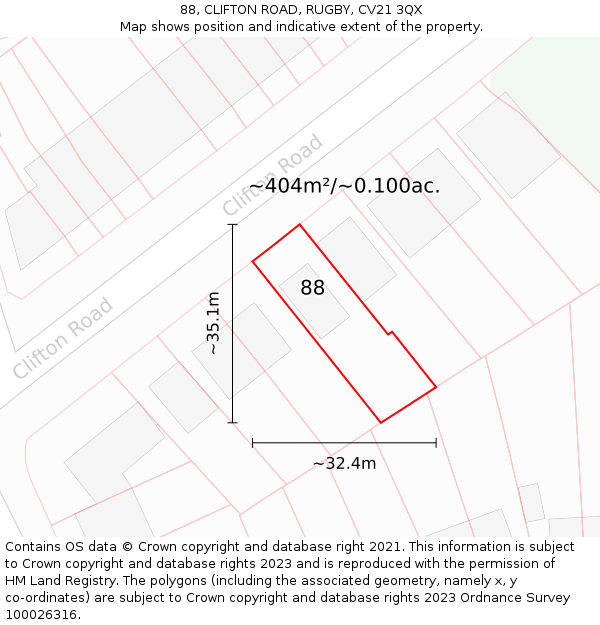 88, CLIFTON ROAD, RUGBY, CV21 3QX: Plot and title map