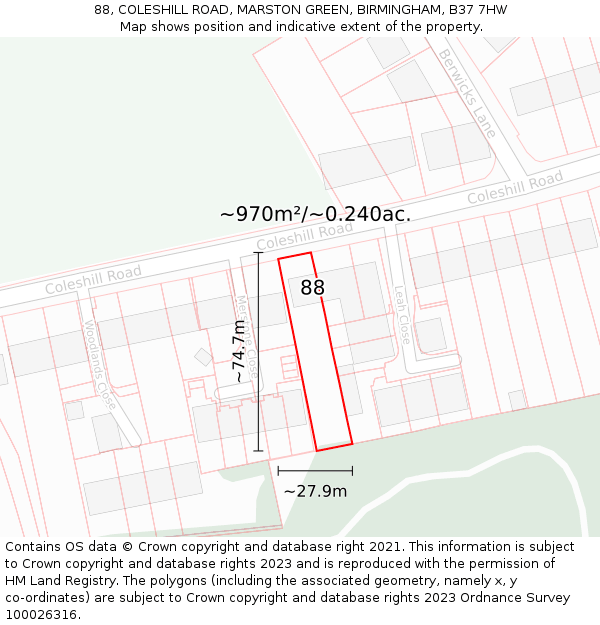 88, COLESHILL ROAD, MARSTON GREEN, BIRMINGHAM, B37 7HW: Plot and title map