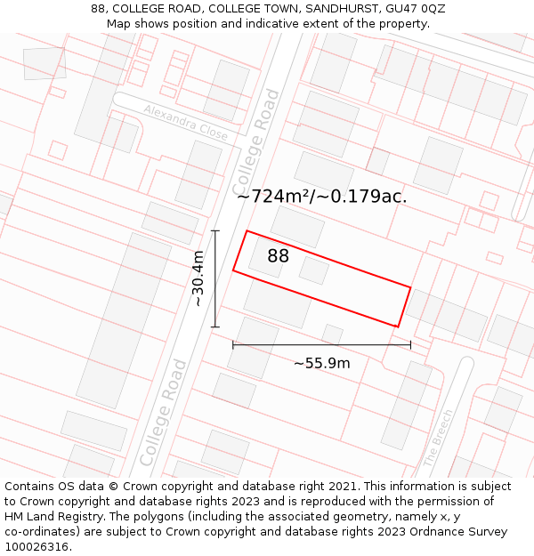 88, COLLEGE ROAD, COLLEGE TOWN, SANDHURST, GU47 0QZ: Plot and title map