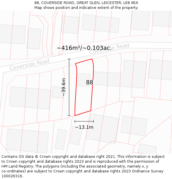 88, COVERSIDE ROAD, GREAT GLEN, LEICESTER, LE8 9EA: Plot and title map