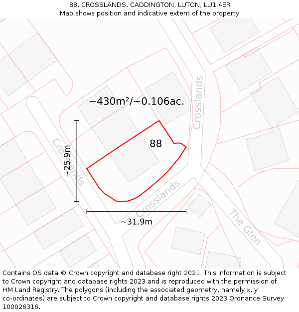 88, CROSSLANDS, CADDINGTON, LUTON, LU1 4ER: Plot and title map