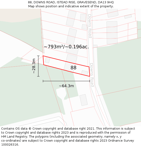 88, DOWNS ROAD, ISTEAD RISE, GRAVESEND, DA13 9HQ: Plot and title map