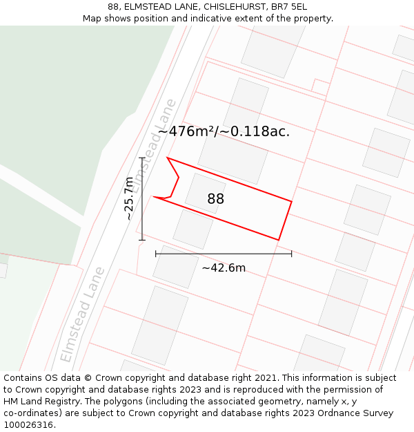 88, ELMSTEAD LANE, CHISLEHURST, BR7 5EL: Plot and title map