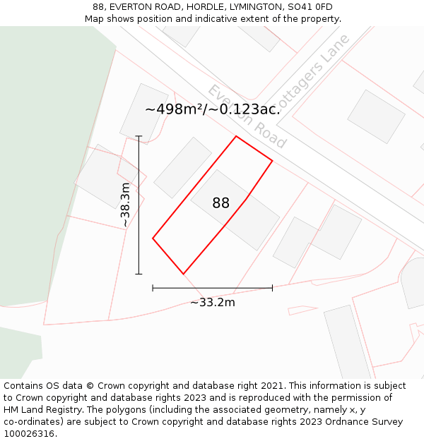 88, EVERTON ROAD, HORDLE, LYMINGTON, SO41 0FD: Plot and title map