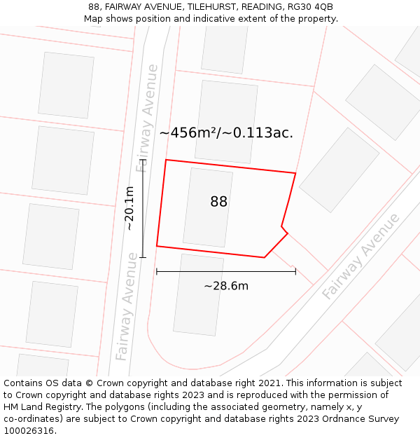 88, FAIRWAY AVENUE, TILEHURST, READING, RG30 4QB: Plot and title map