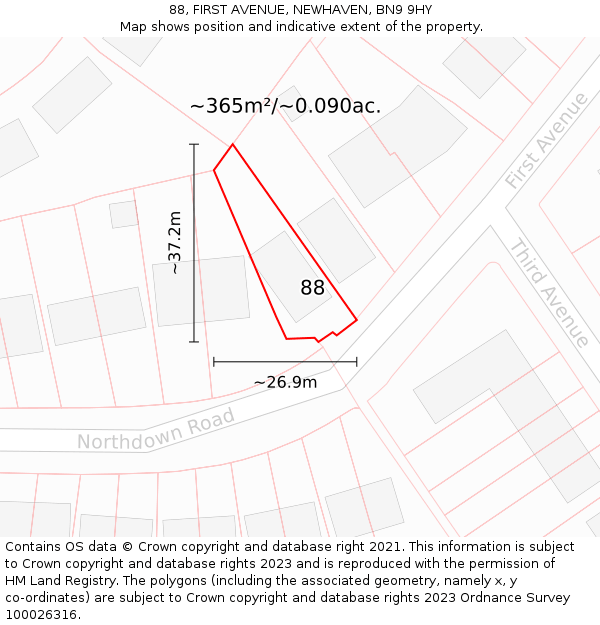 88, FIRST AVENUE, NEWHAVEN, BN9 9HY: Plot and title map