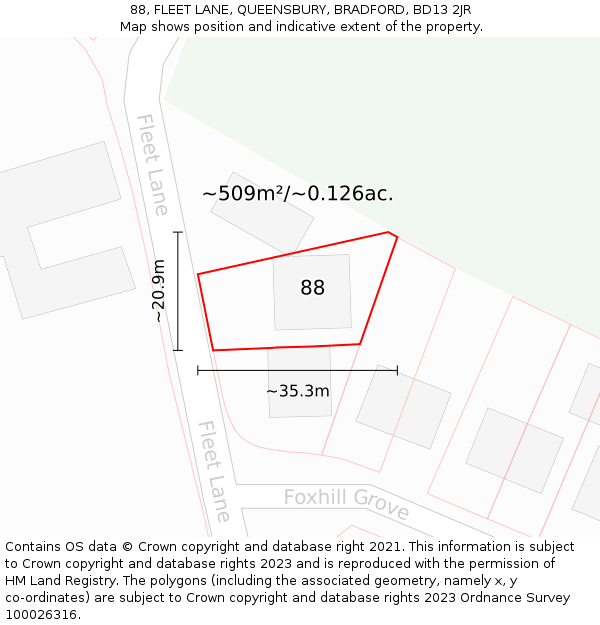 88, FLEET LANE, QUEENSBURY, BRADFORD, BD13 2JR: Plot and title map