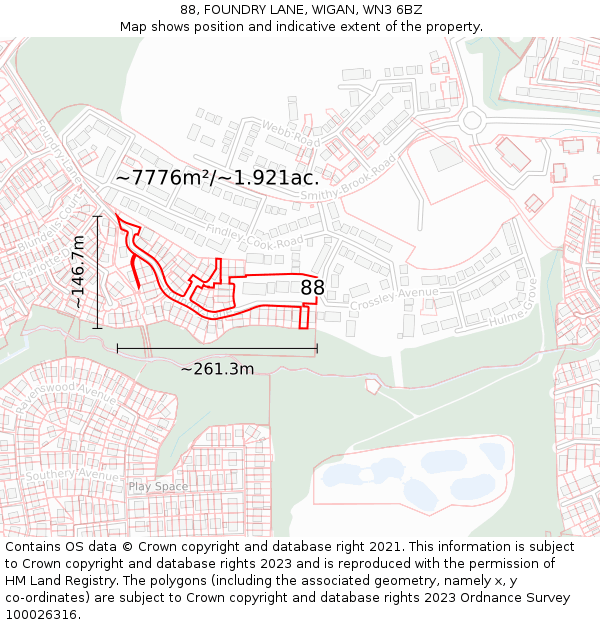 88, FOUNDRY LANE, WIGAN, WN3 6BZ: Plot and title map