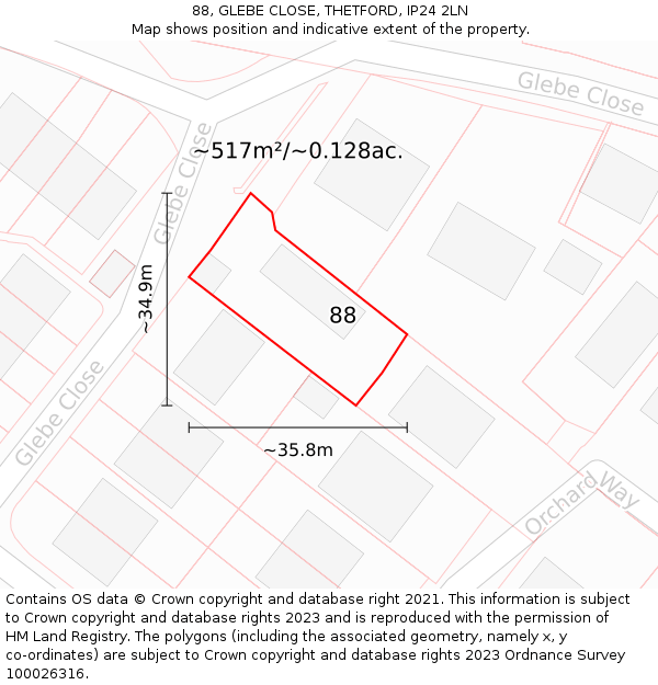 88, GLEBE CLOSE, THETFORD, IP24 2LN: Plot and title map