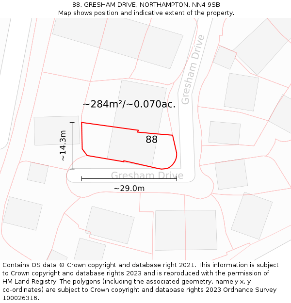 88, GRESHAM DRIVE, NORTHAMPTON, NN4 9SB: Plot and title map