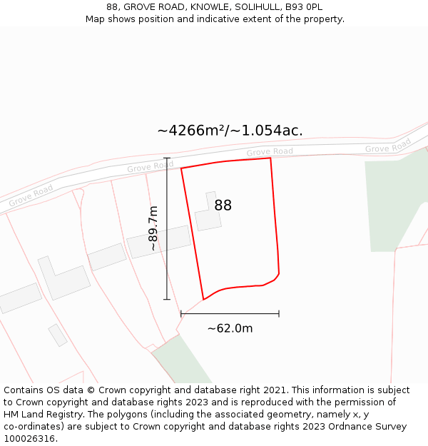 88, GROVE ROAD, KNOWLE, SOLIHULL, B93 0PL: Plot and title map