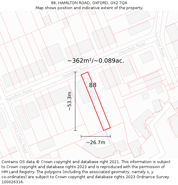 88, HAMILTON ROAD, OXFORD, OX2 7QA: Plot and title map