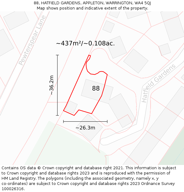 88, HATFIELD GARDENS, APPLETON, WARRINGTON, WA4 5QJ: Plot and title map