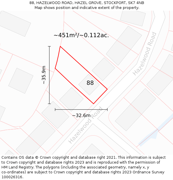 88, HAZELWOOD ROAD, HAZEL GROVE, STOCKPORT, SK7 4NB: Plot and title map