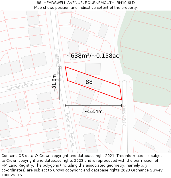 88, HEADSWELL AVENUE, BOURNEMOUTH, BH10 6LD: Plot and title map