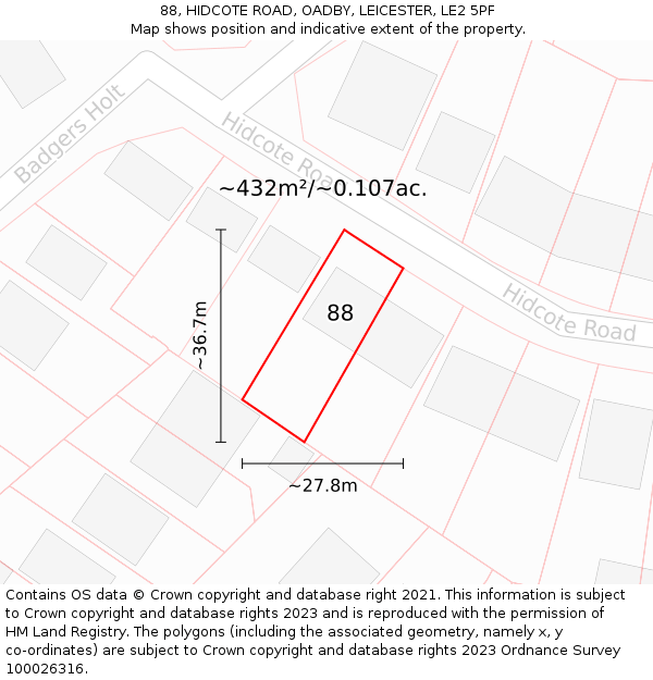 88, HIDCOTE ROAD, OADBY, LEICESTER, LE2 5PF: Plot and title map