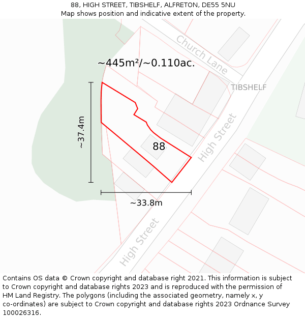 88, HIGH STREET, TIBSHELF, ALFRETON, DE55 5NU: Plot and title map