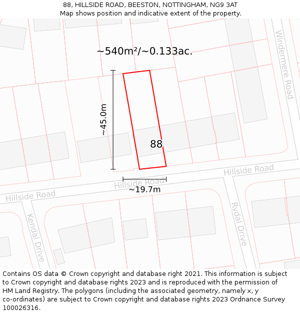 88, HILLSIDE ROAD, BEESTON, NOTTINGHAM, NG9 3AT: Plot and title map