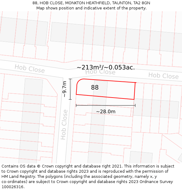 88, HOB CLOSE, MONKTON HEATHFIELD, TAUNTON, TA2 8GN: Plot and title map