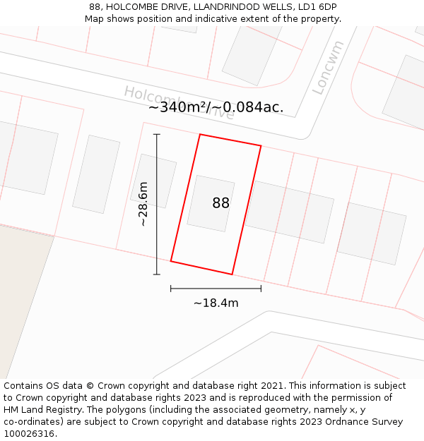 88, HOLCOMBE DRIVE, LLANDRINDOD WELLS, LD1 6DP: Plot and title map