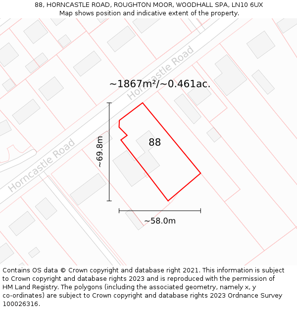 88, HORNCASTLE ROAD, ROUGHTON MOOR, WOODHALL SPA, LN10 6UX: Plot and title map