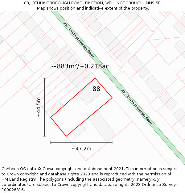 88, IRTHLINGBOROUGH ROAD, FINEDON, WELLINGBOROUGH, NN9 5EJ: Plot and title map